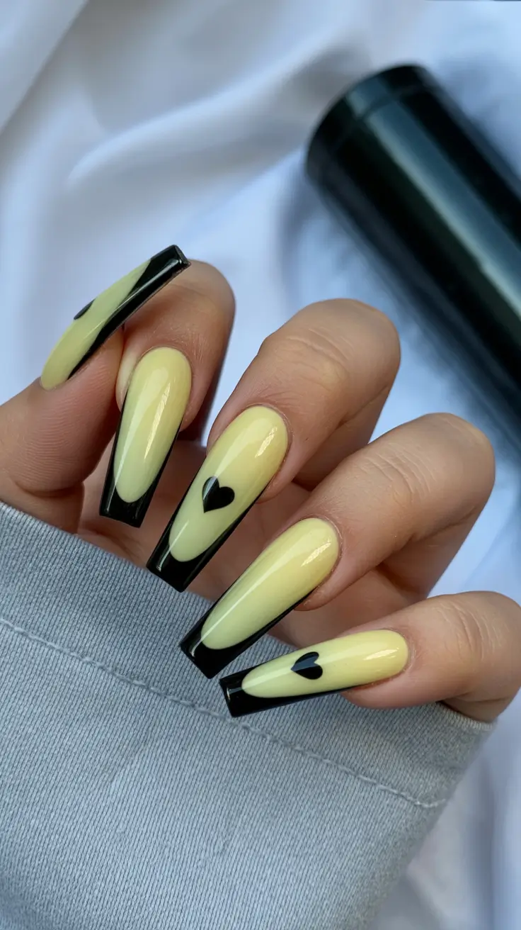 February nails designs 2026 Pastel Yellow Coffin Nails With Black French Tips Hearts