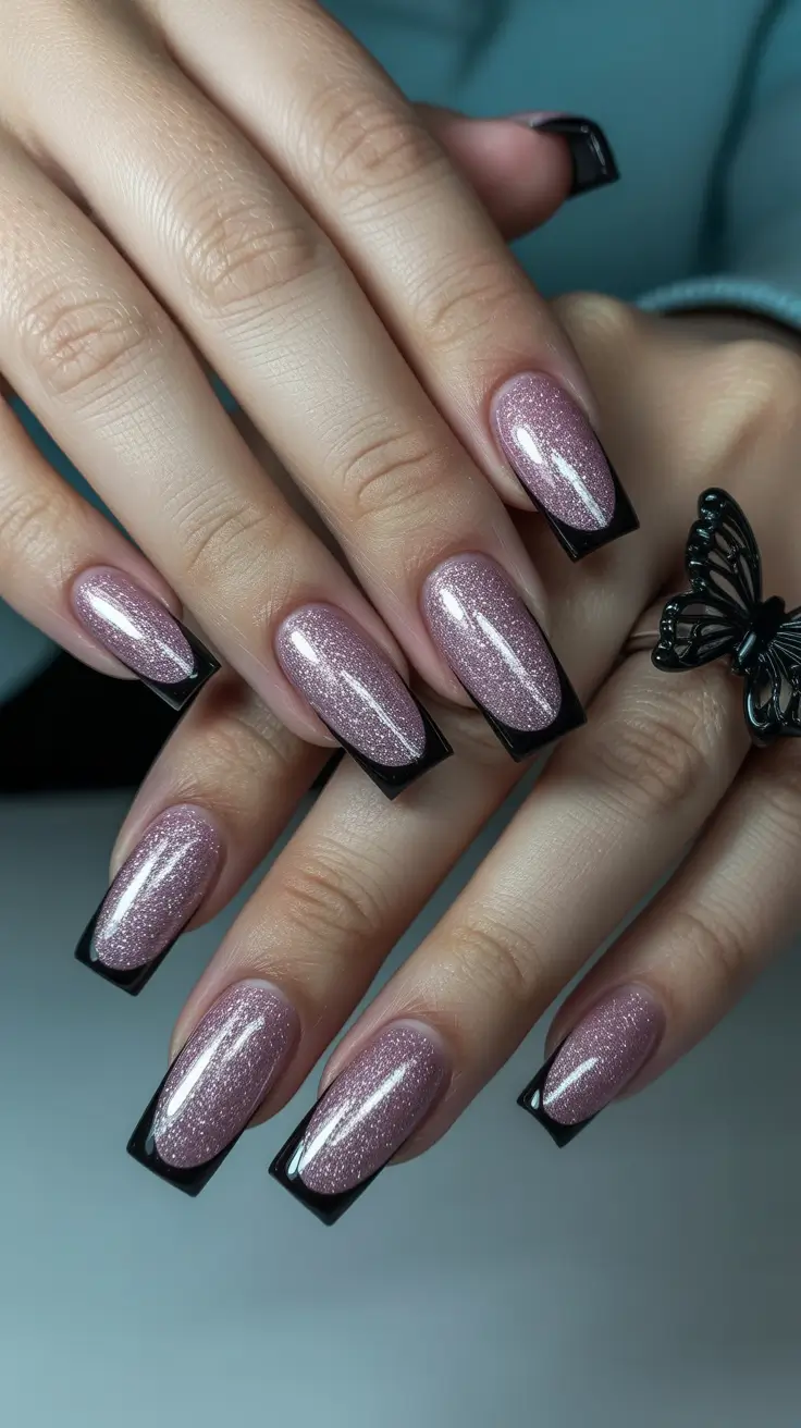 February nails designs 2026 Soft Pink Glitter Nails With Black Crescent Tips