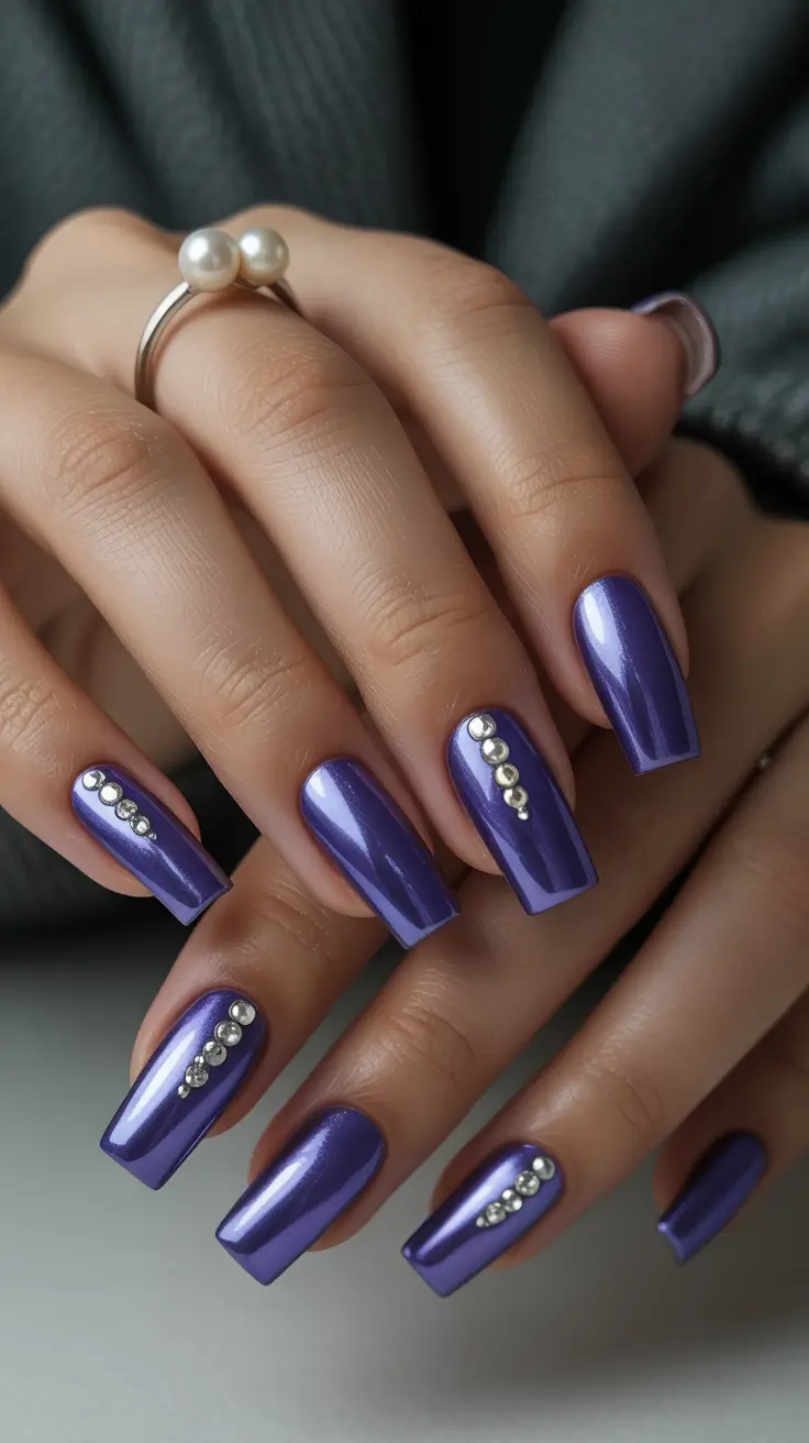 February nails designs 2026 Purple Metallic Nails With Pearl Rhinestone Accents