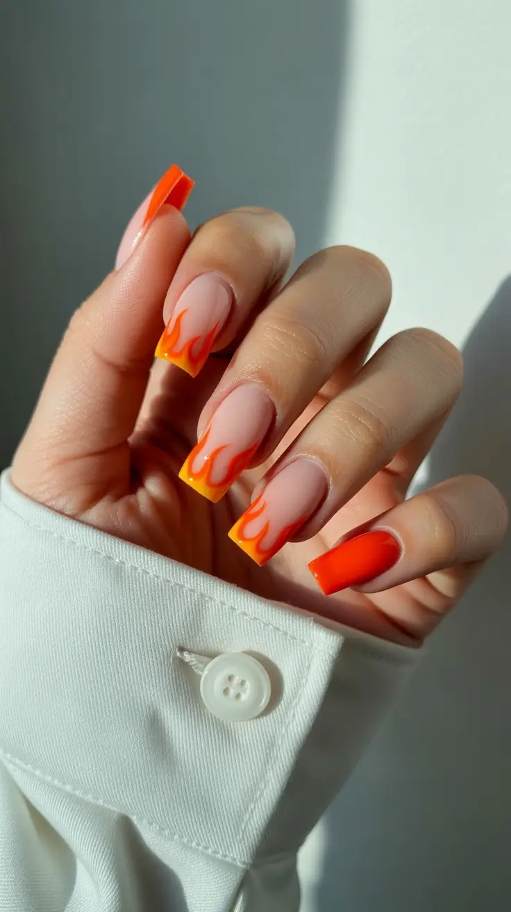 February nails designs 2026 Orange Flame Tips for Fiery Winter Energy