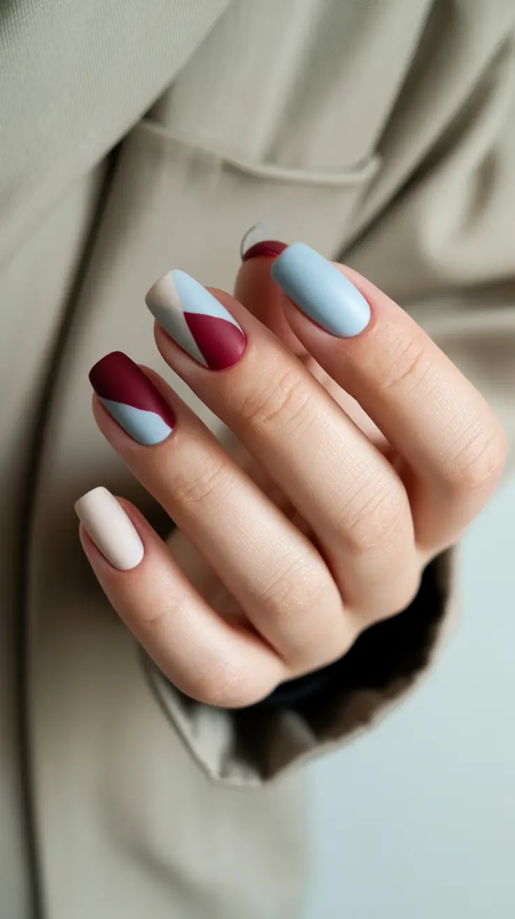 February nails designs 2026 Matte Geometric Mix Soft Blue Burgundy Cream