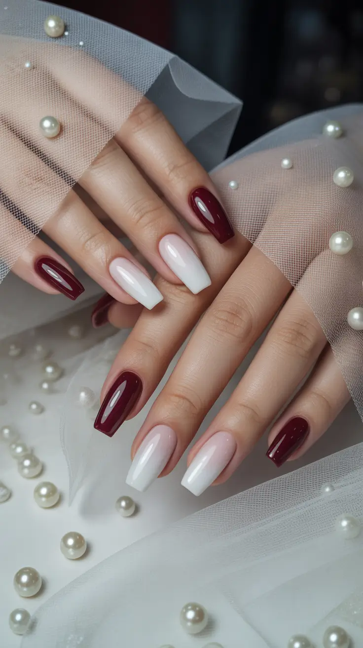February nails designs 2026 Deep Burgundy Soft White Winter Elegance