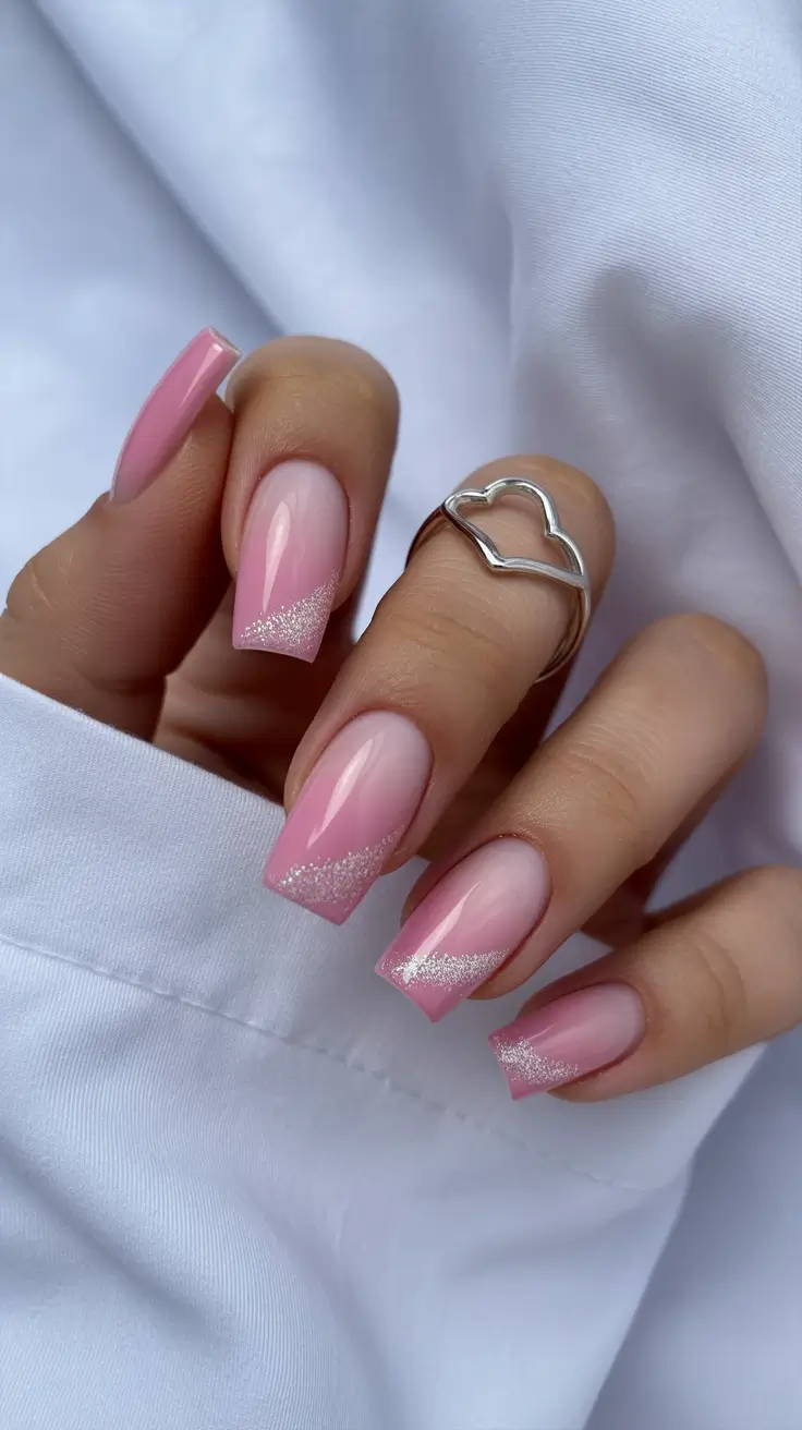 February nails designs 2026 Pink Sparkle Tips Soft Ombre Glow