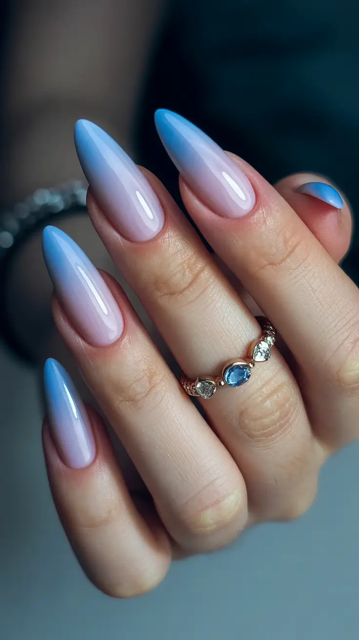 February nails designs 2026 Blue Frost Ombre Almond Shape