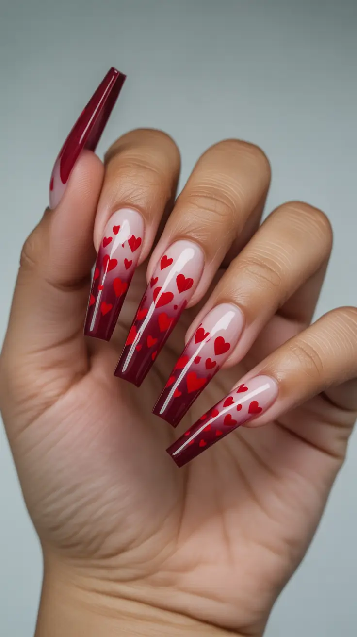 February nails designs 2026 Deep Red Hearts on a Glossy Gradient