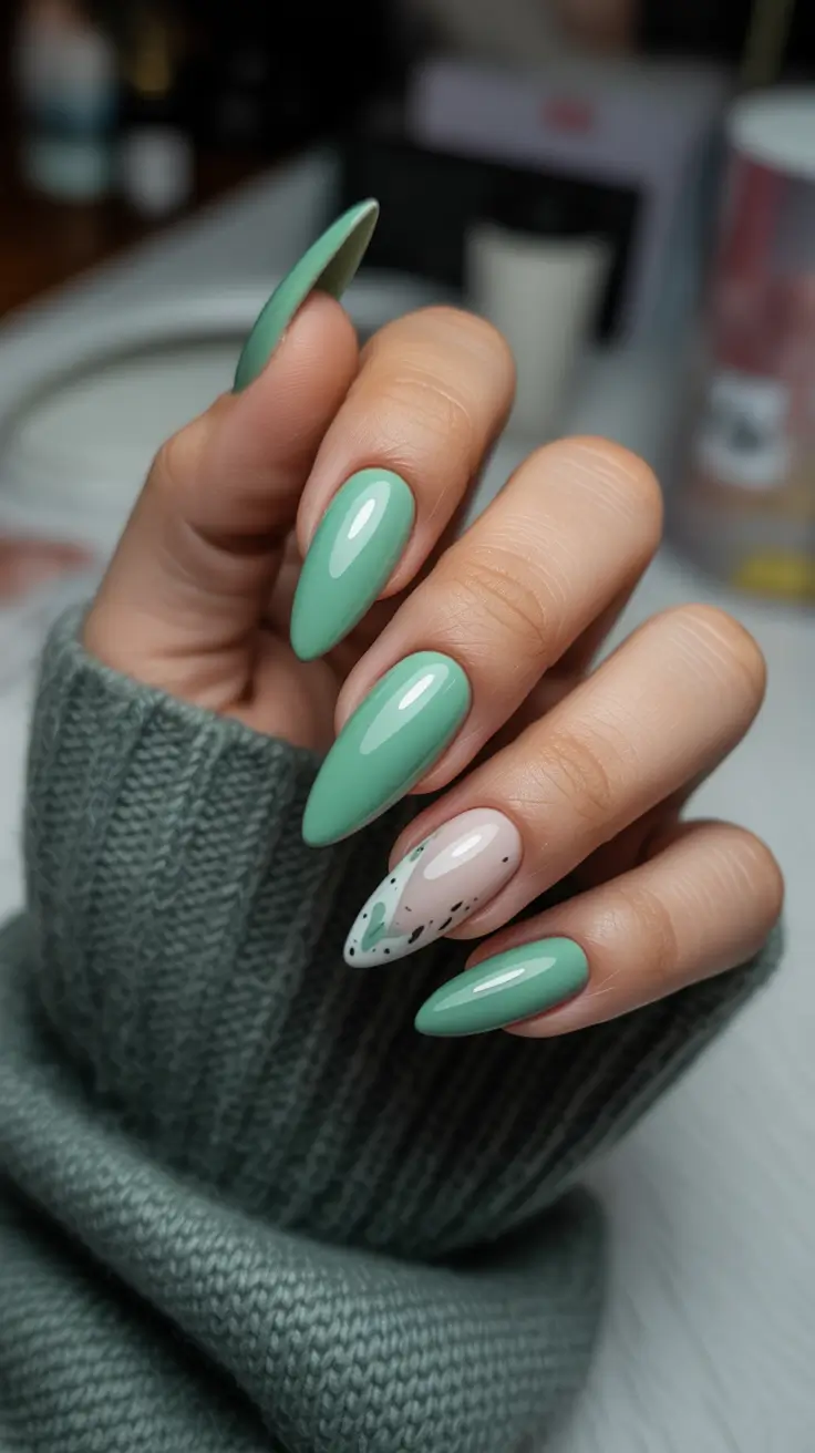 February nails designs 2026 Sage Green Almond Nails With Heart Accents