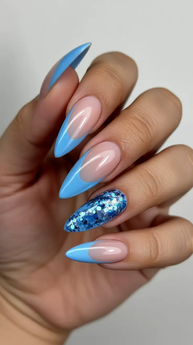 February nails designs 2026 Baby Blue Almond French Tips With Sparkling Accent Nail