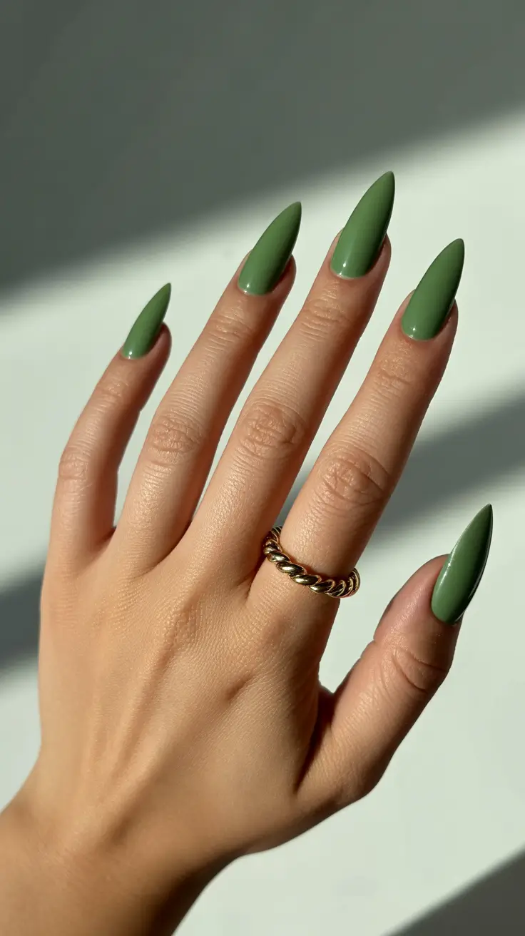 February nails designs 2026 Matte Sage Almond Nails Minimalist Winter Vibes