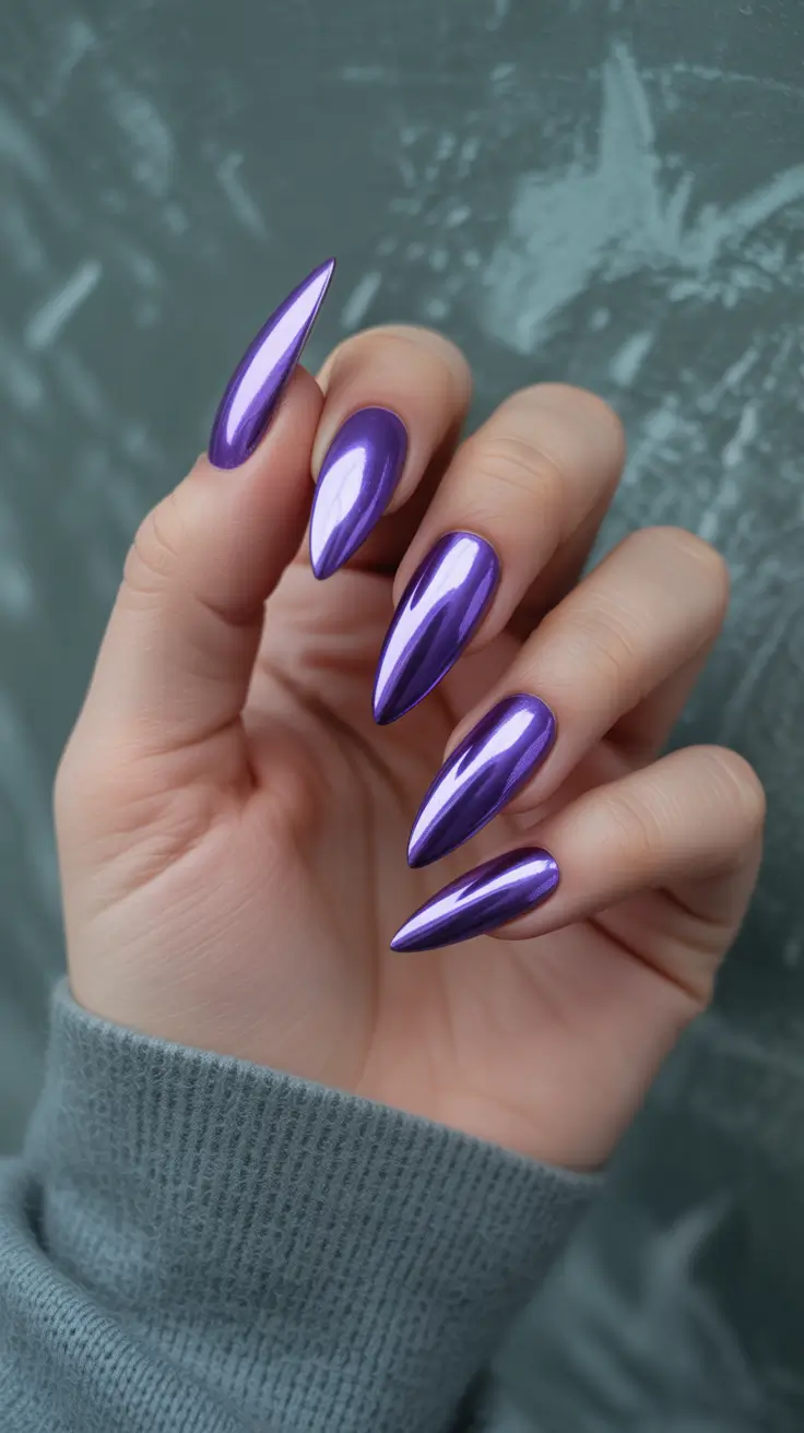 February nails designs 2026 Metallic Purple Chrome Almond Glow