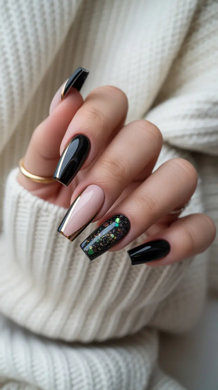 February nails designs 2026 Black & Gold Luxe Winter Mix
