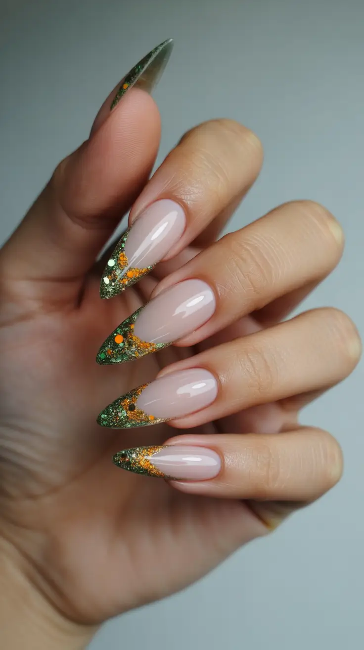 February nails designs 2026 Green & Gold Sparkling Almond Tips