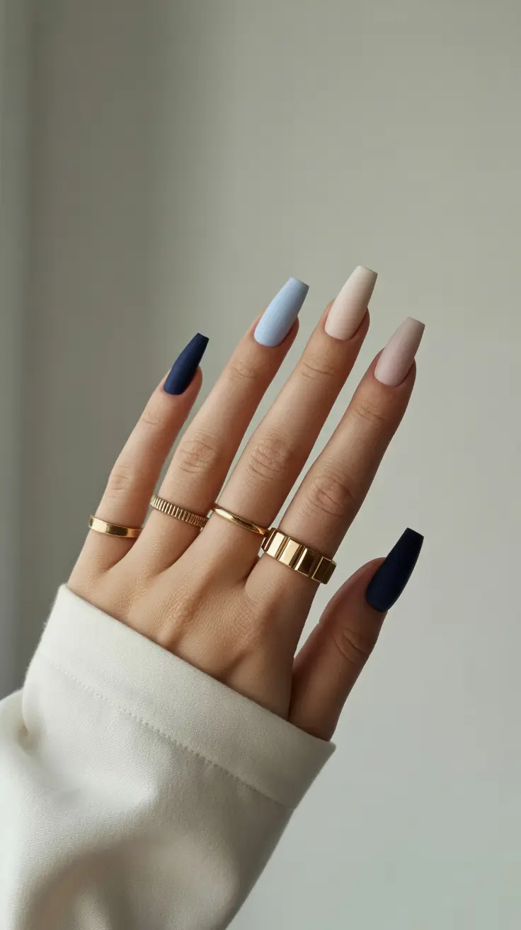 February nails designs 2026 Matte Winter Gradient in Navy Ice Blue Nude