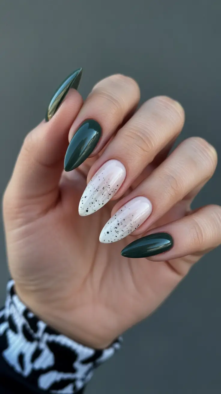 February nails designs 2026 Deep Green Almond Nails With Speckled White Accents