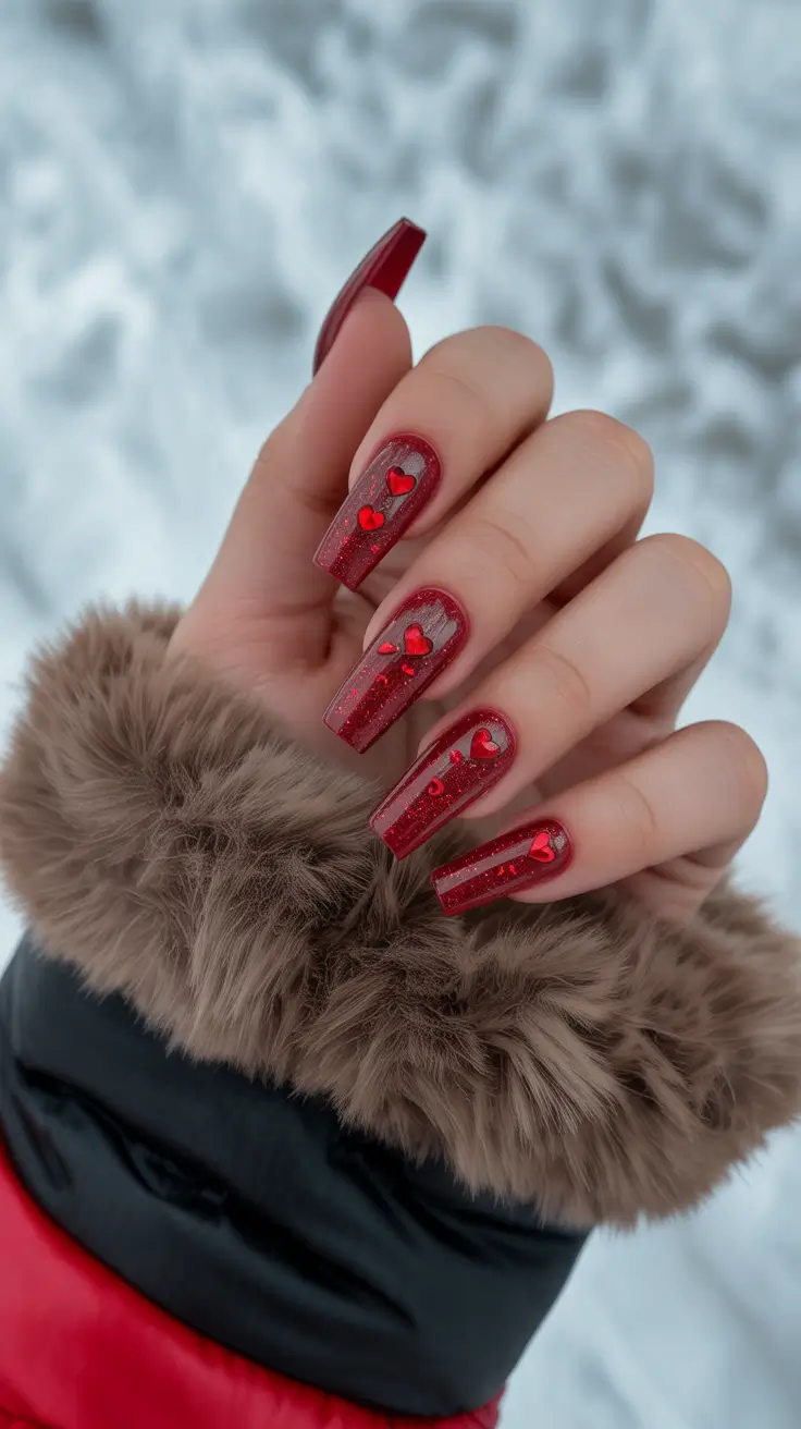 February nails designs 2026 Red Glitter Coffin Nails With Heart Accents