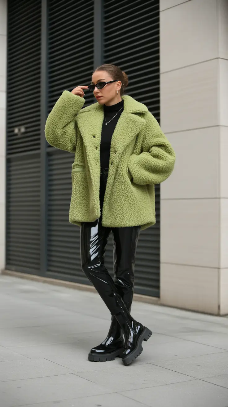 February outfits ideas 2026 Lime Shearling and Patent Shine for Fashion-Forward Winter Days