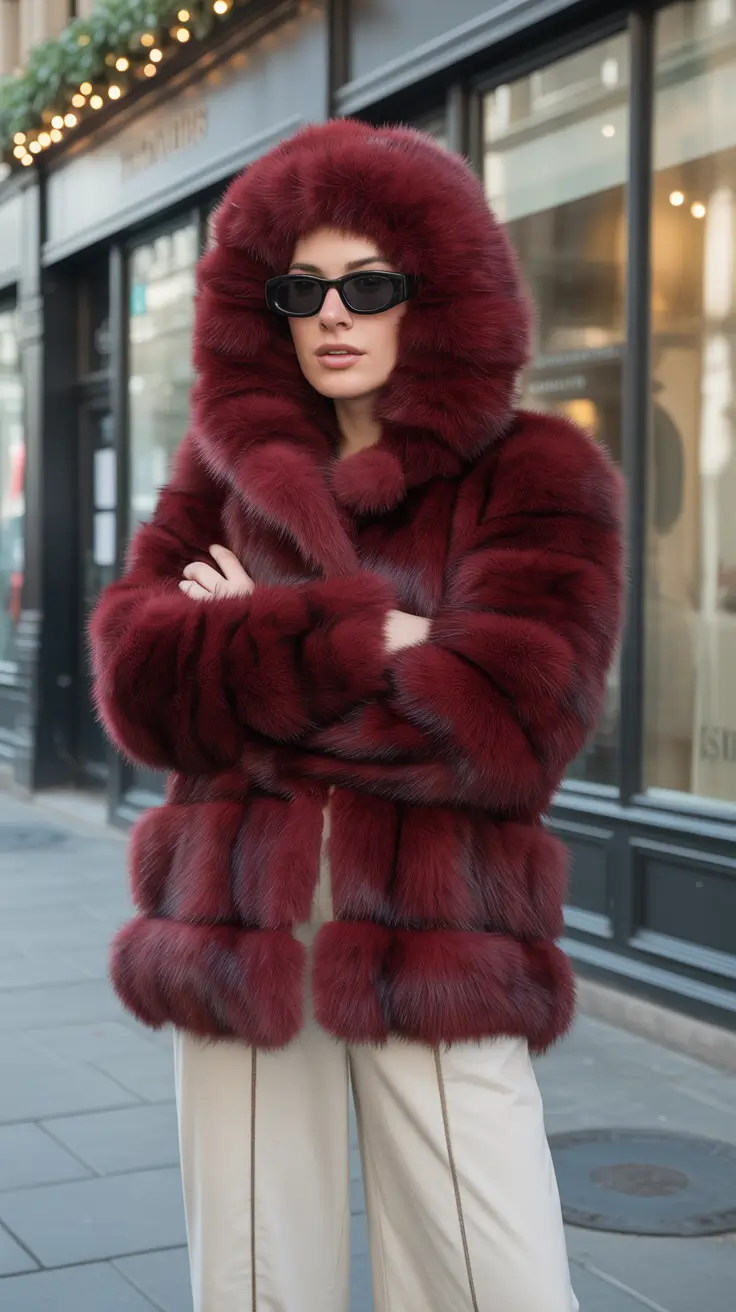 February outfits ideas 2026 Crimson Fur and Cream Neutrals for Luxe Winter Evenings