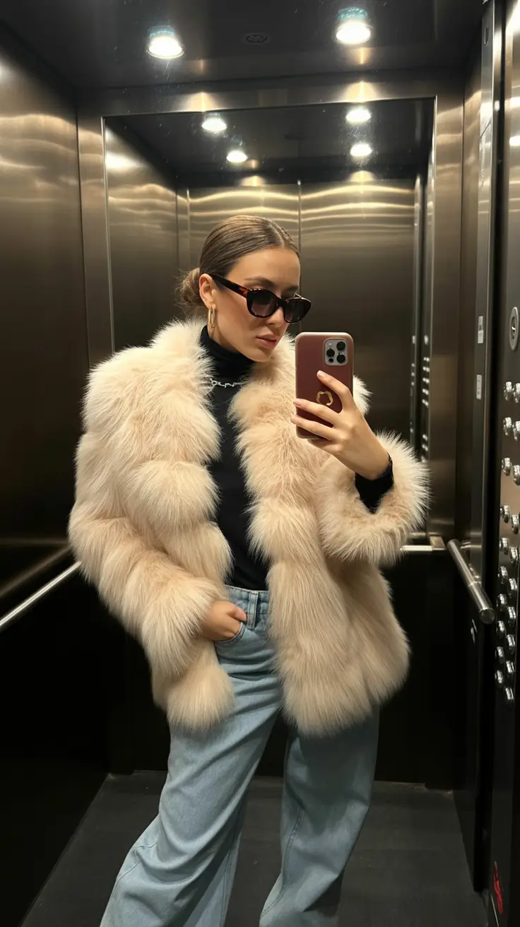 February outfits ideas 2026 Elevated Winter Glam with Faux Fur and Denim