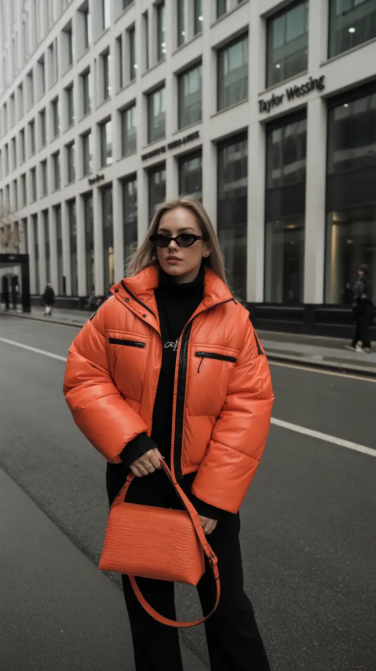February outfits ideas 2026 Bold Orange Puffer for a High-Impact Winter Statement