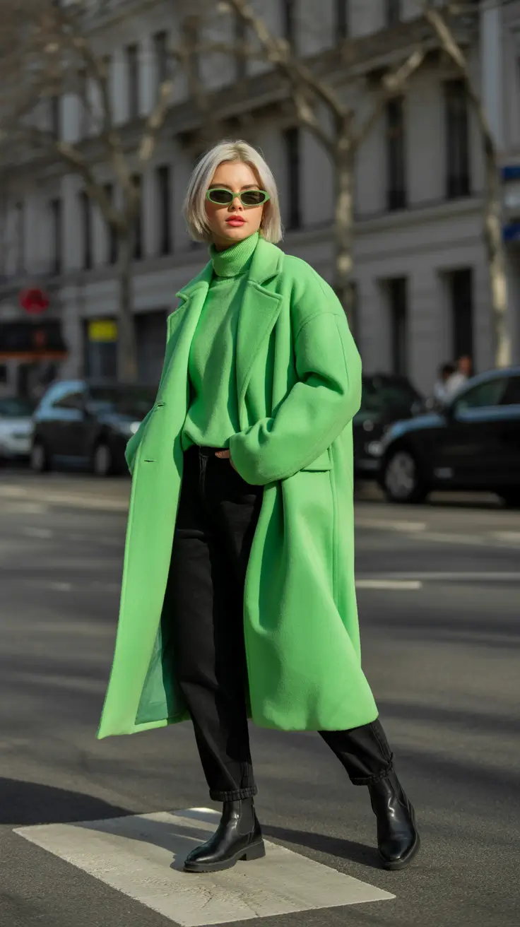 February outfits ideas 2026 Lime-Green Monochrome for a Fresh Winter Reset