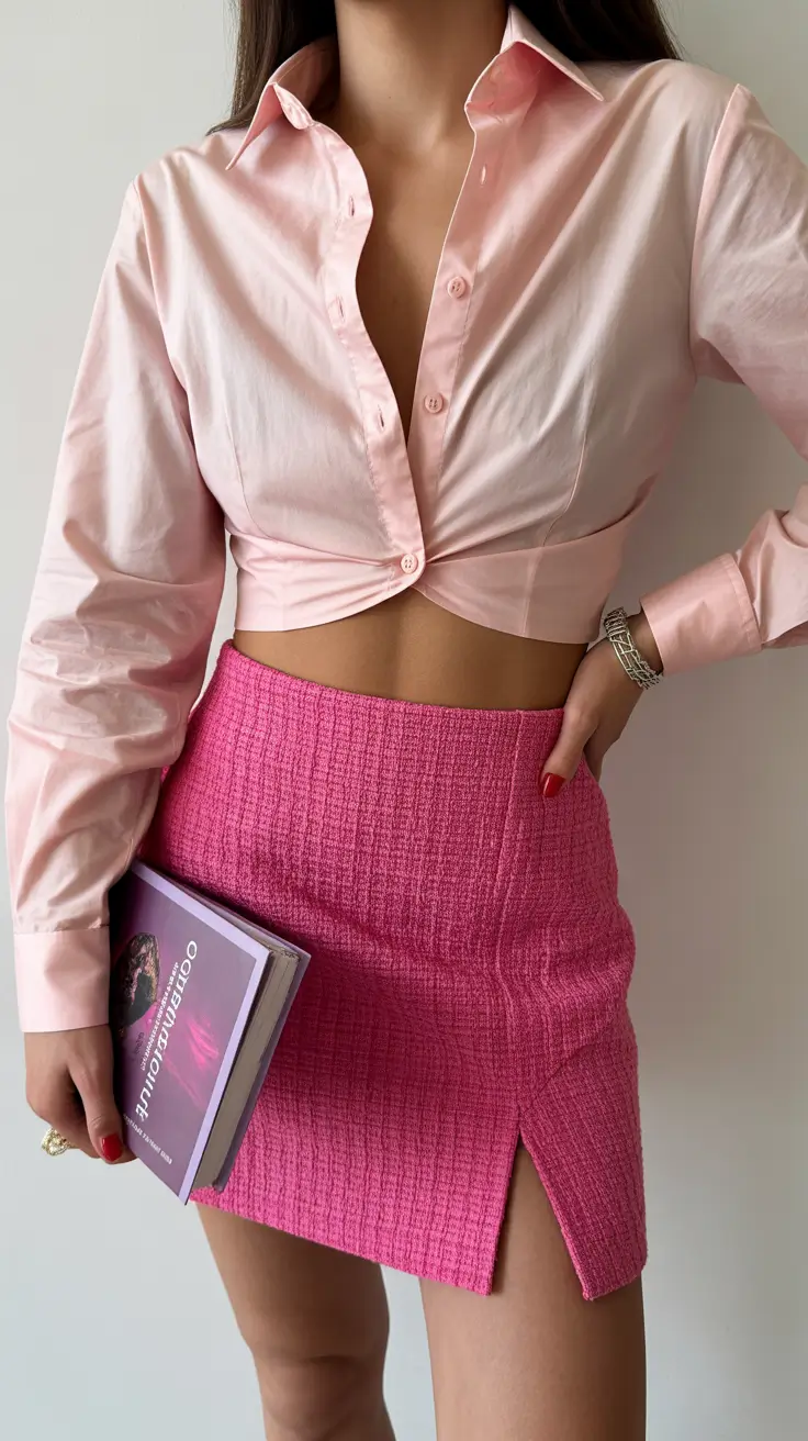 luxe spring skirt outfits 2026 Textured Pink and Soft Blush for Feminine Power Dressing