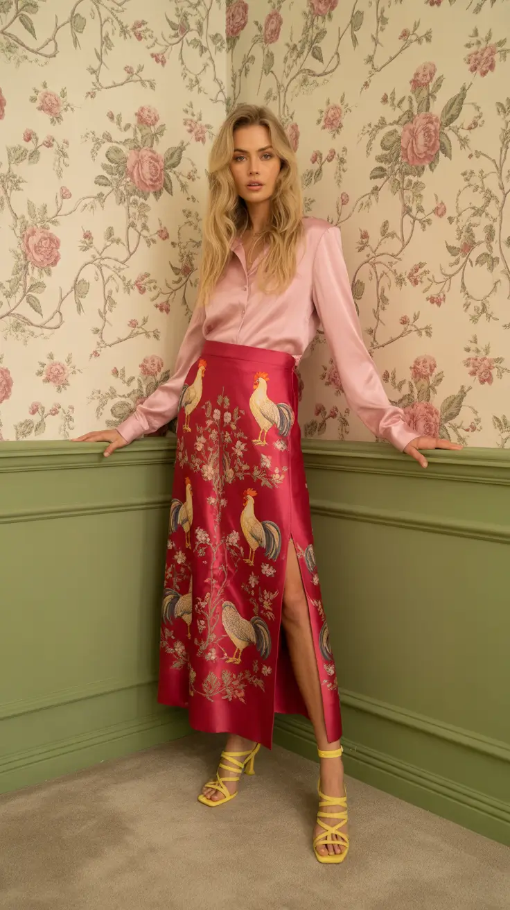 luxe spring skirt outfits 2026 Whimsical Print Meets Satin Elegance in Bold Spring Color
