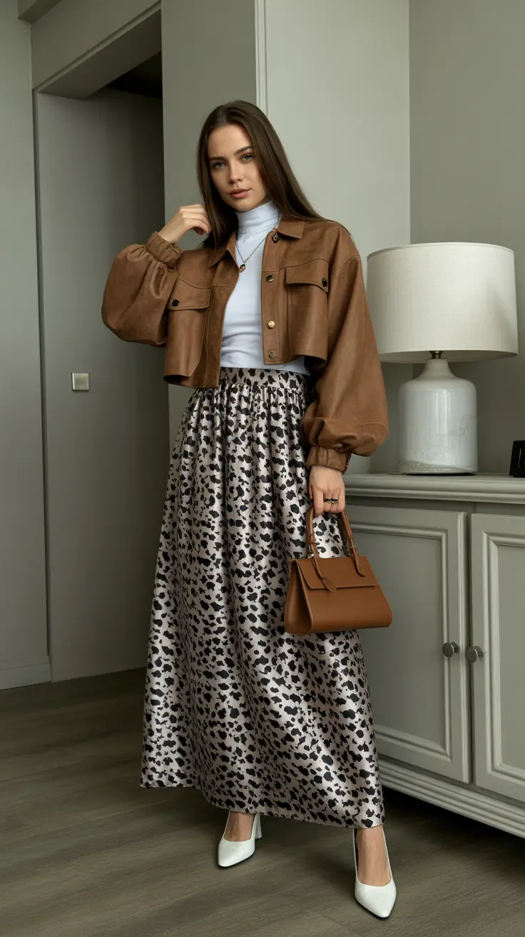 luxe spring skirt outfits 2026 Soft Neutrals and Leopard Satin for Luxe Modesty