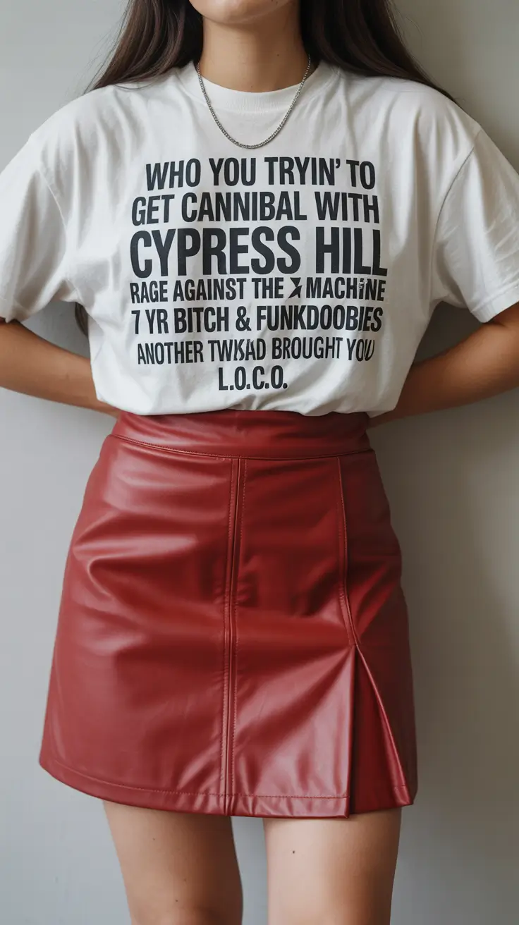 luxe spring skirt outfits 2026 Graphic Street Style With a Cherry Leather Mini