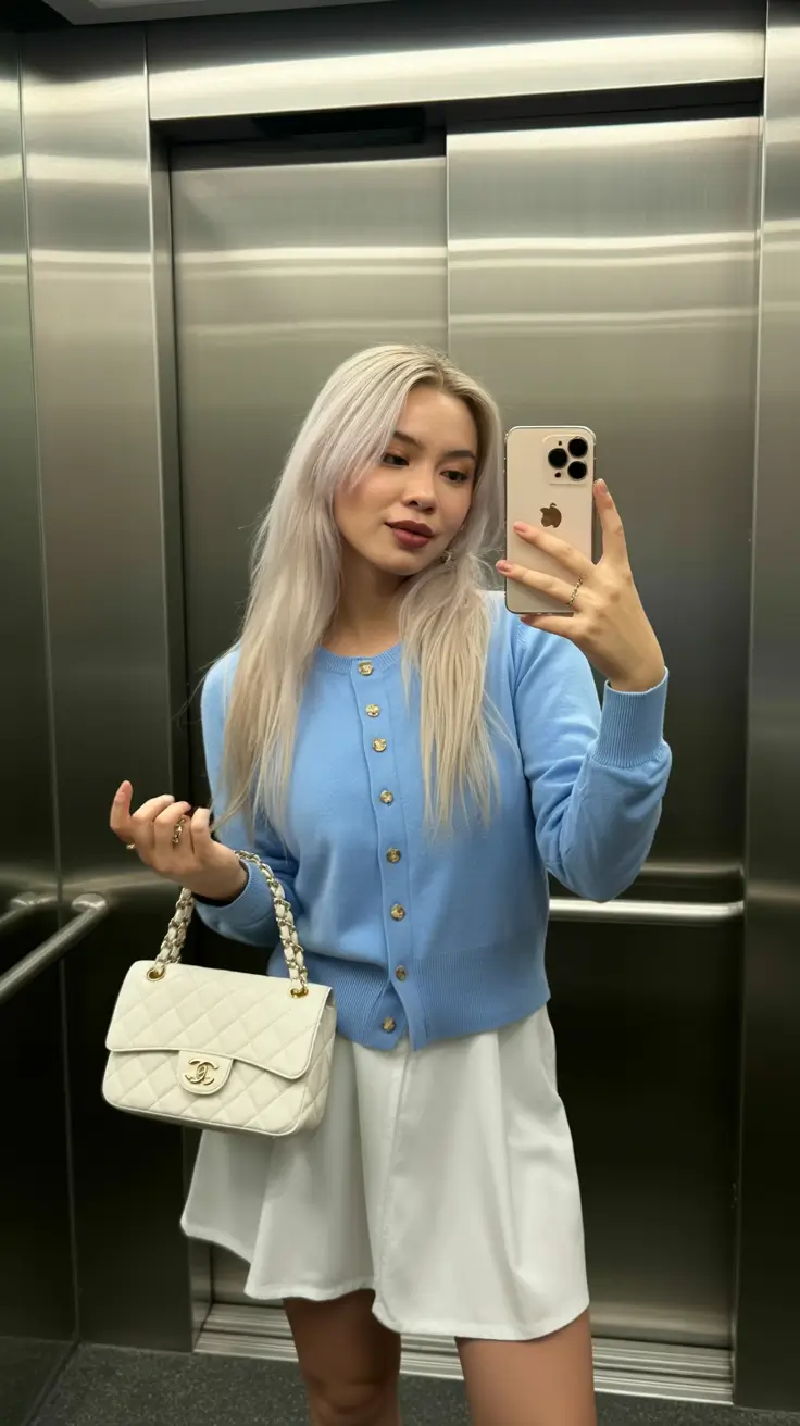 luxe spring skirt outfits 2026 Powder Blue Softness With a Clean White Mini