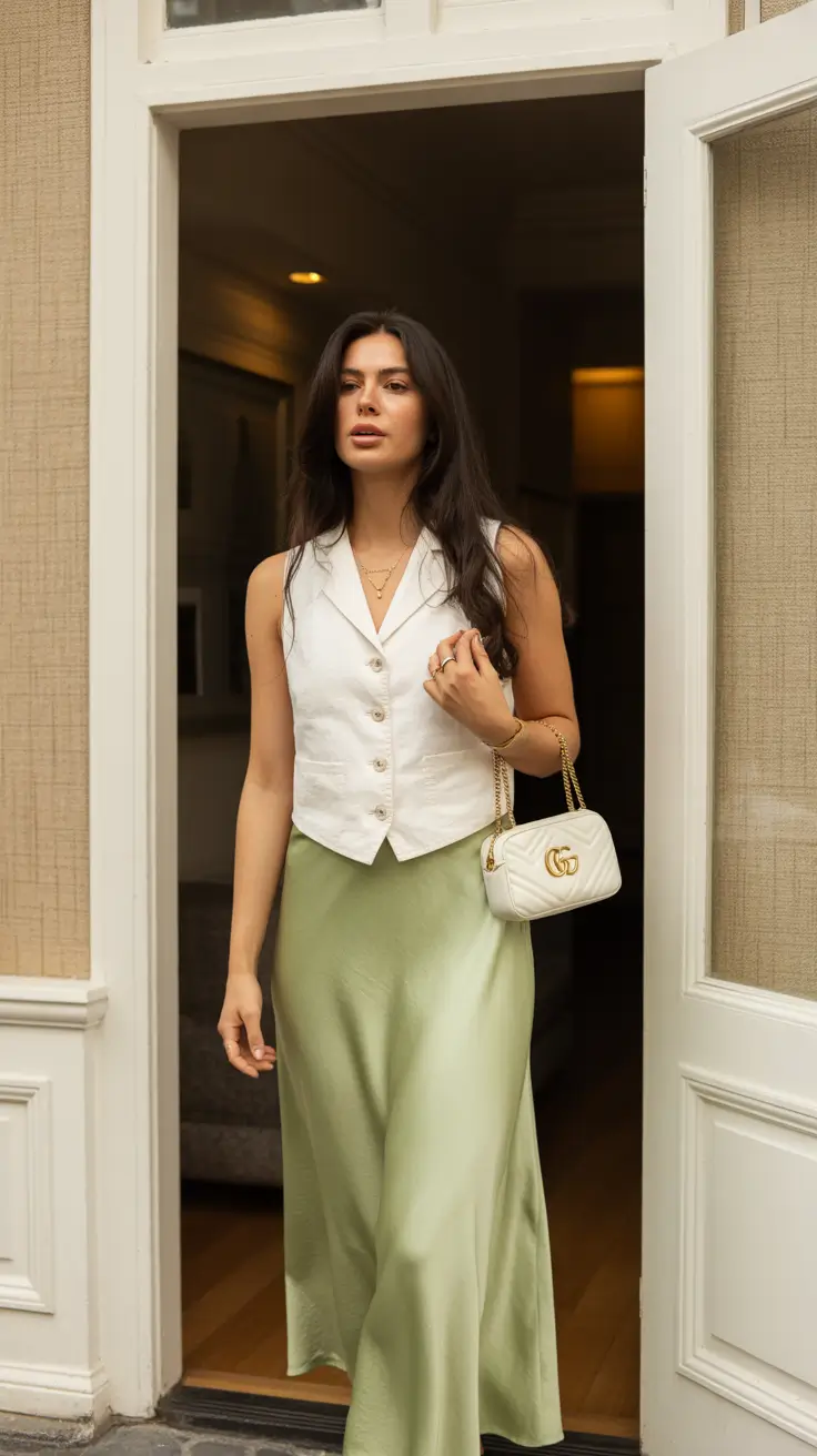 modern midsize spring outfits 2026 Soft Sage Elegance With a Tailored Vest
