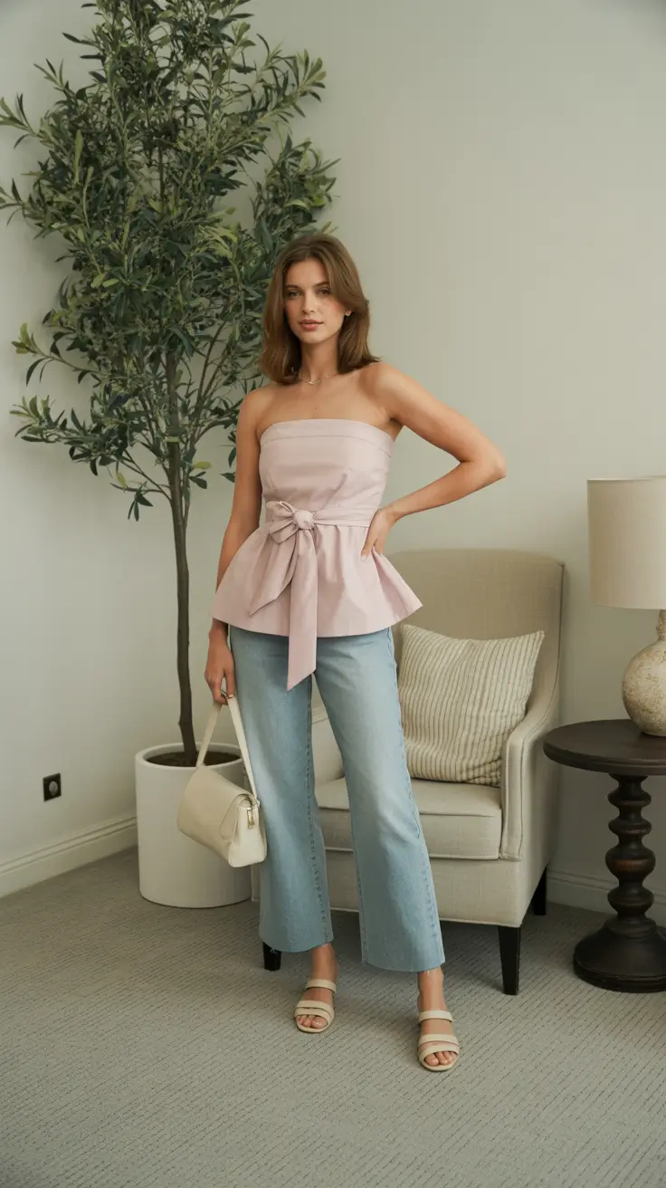 modern midsize spring outfits 2026 Soft Strapless Peplum Charm With Light Denim
