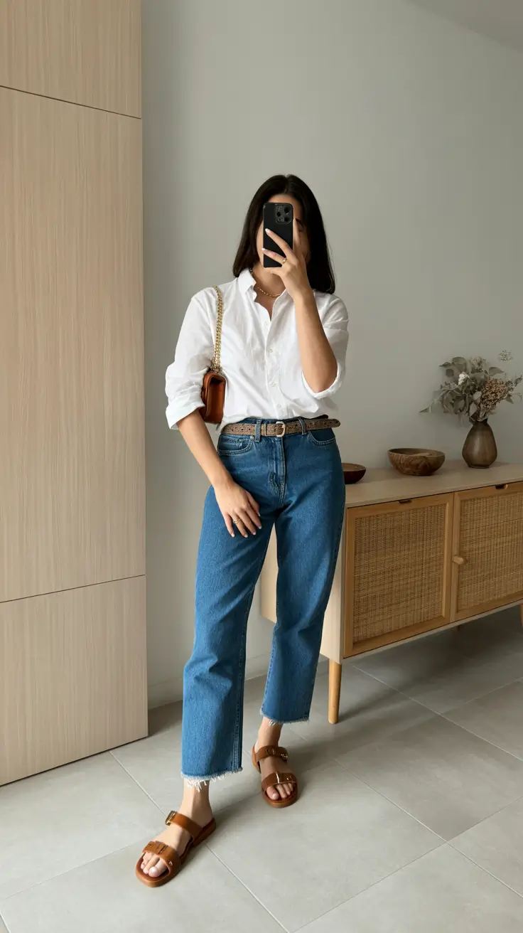 modern midsize spring outfits 2026 Classic White Shirt With Clean Cropped Denim
