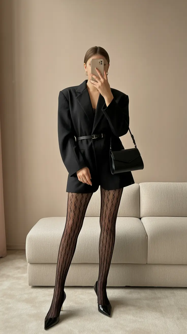 modern midsize spring outfits 2026 Black Blazer Drama With Patterned Tights