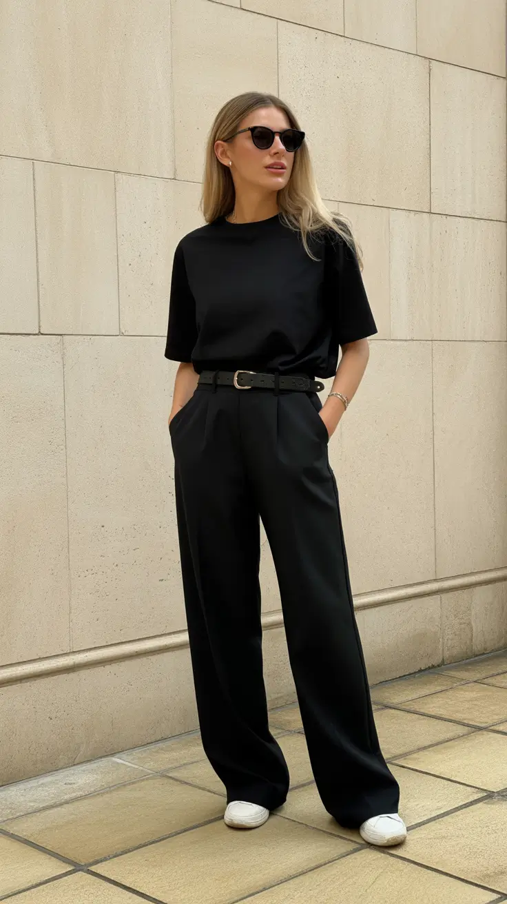 modern midsize spring outfits 2026 Full Black Minimalism With Tailored Trousers