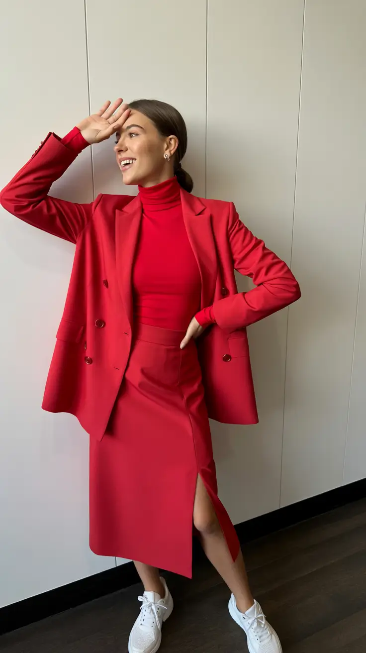 modern midsize spring outfits 2026 Bold Red Monochrome With a Sleek Midi Skirt