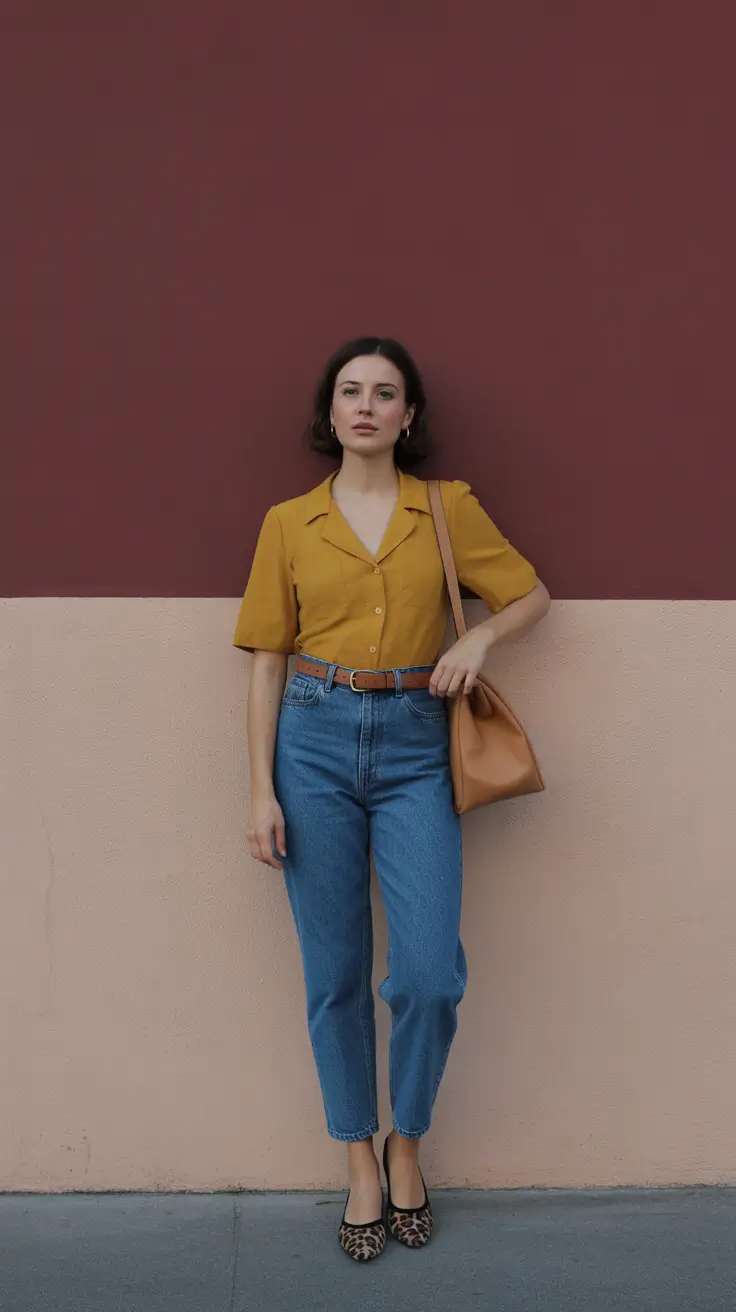 modern midsize spring outfits 2026 Mustard Shirt Simplicity With Vintage Denim Ease