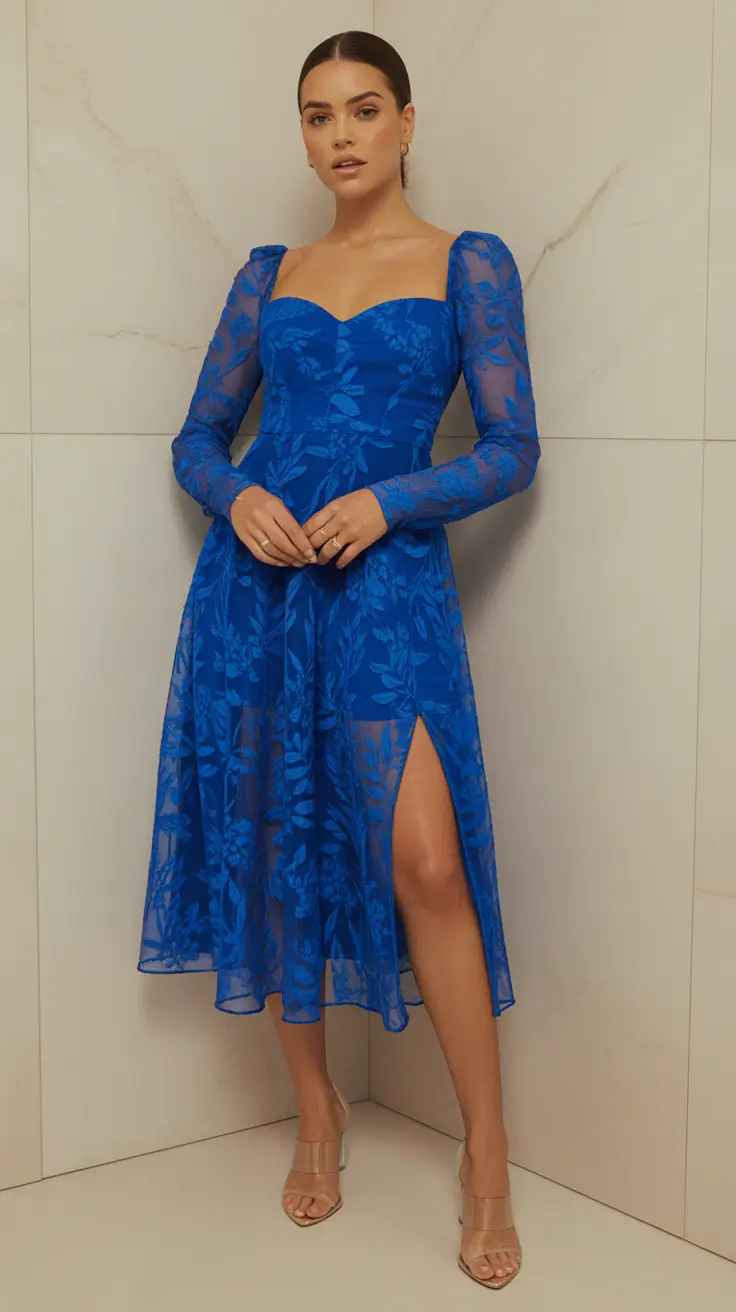 modern midsize spring outfits 2026 Royal Blue Elegance With Sheer Florals and Movement
