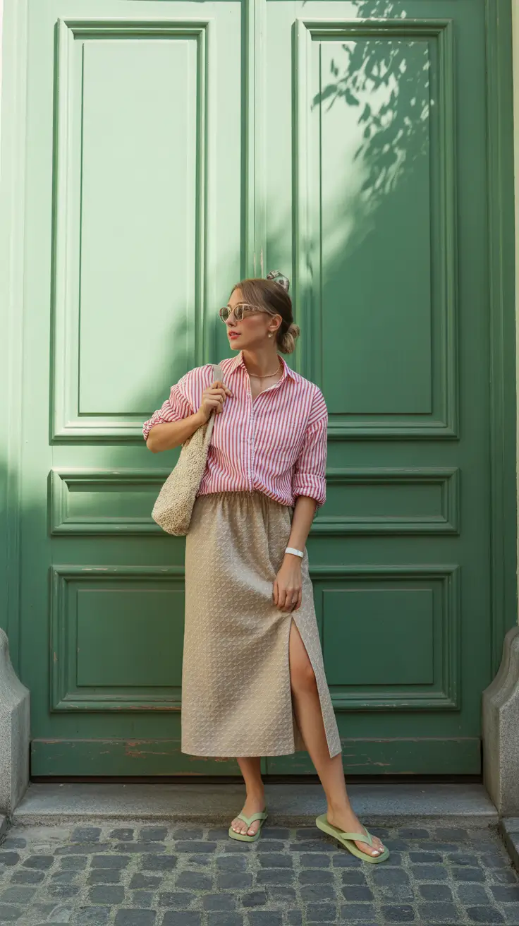 modern midsize spring outfits 2026 Striped Softness and Neutral Skirt Ease for Warm Spring Days