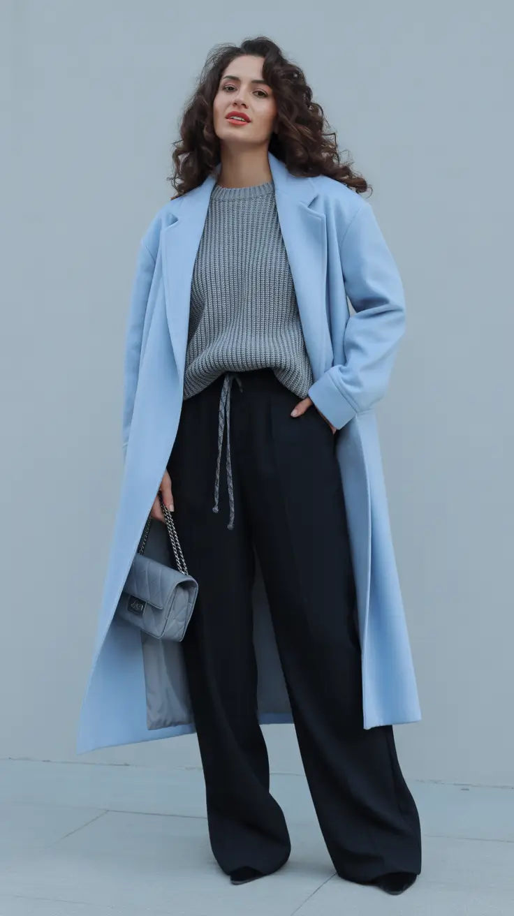 modern midsize spring outfits 2026 Powder Blue Coats and Moody Minimalist Layers