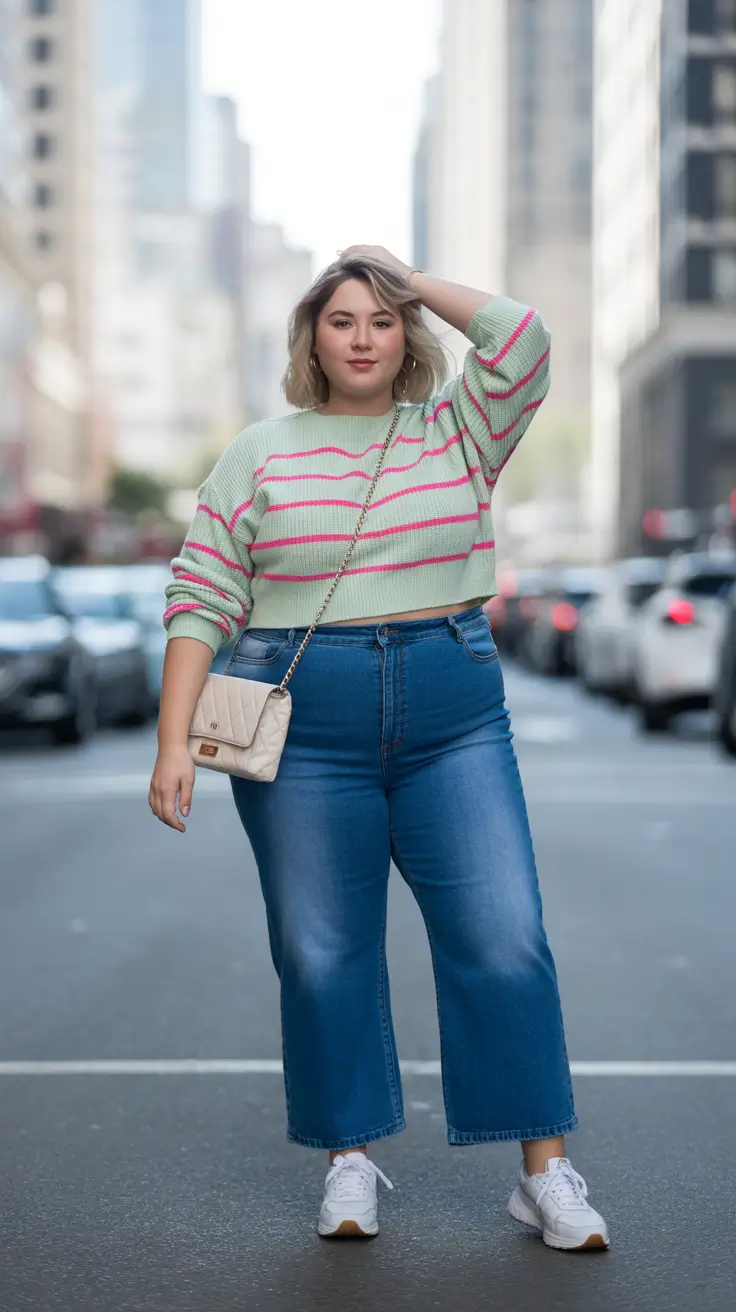 modern midsize spring outfits 2026 Striped Knit Charm With Easy Denim