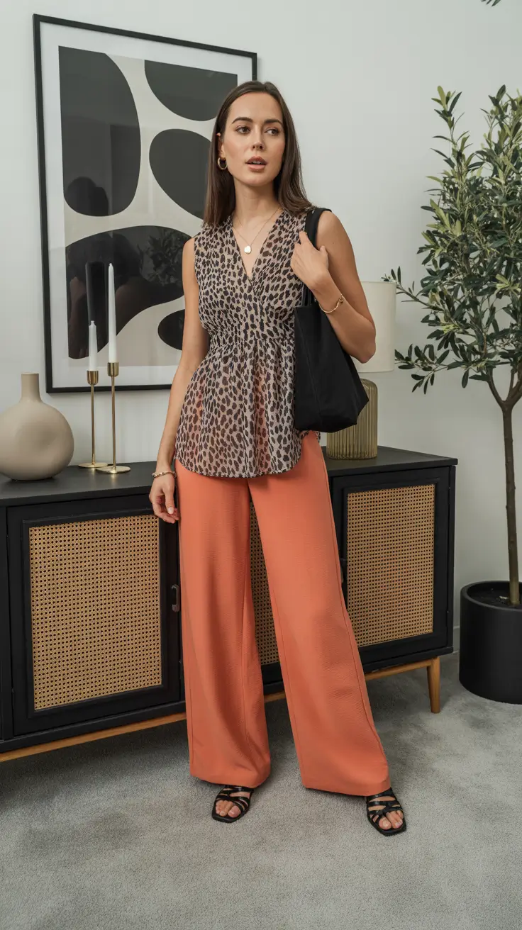 modern midsize spring outfits 2026 Animal Print Energy With Sunset-Toned Trousers