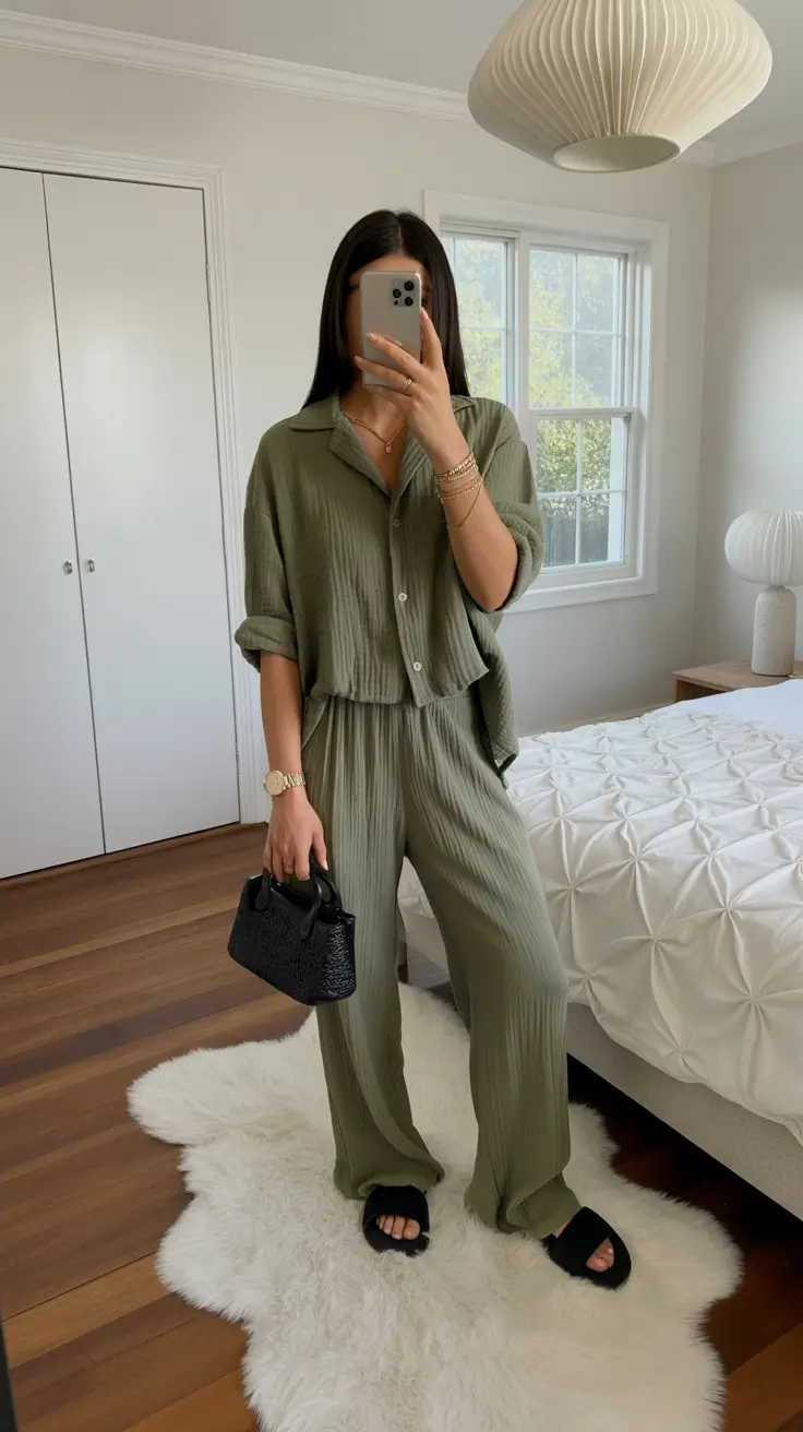 modern midsize spring outfits 2026 Olive Lounge-Set Ease With Elevated Accessories