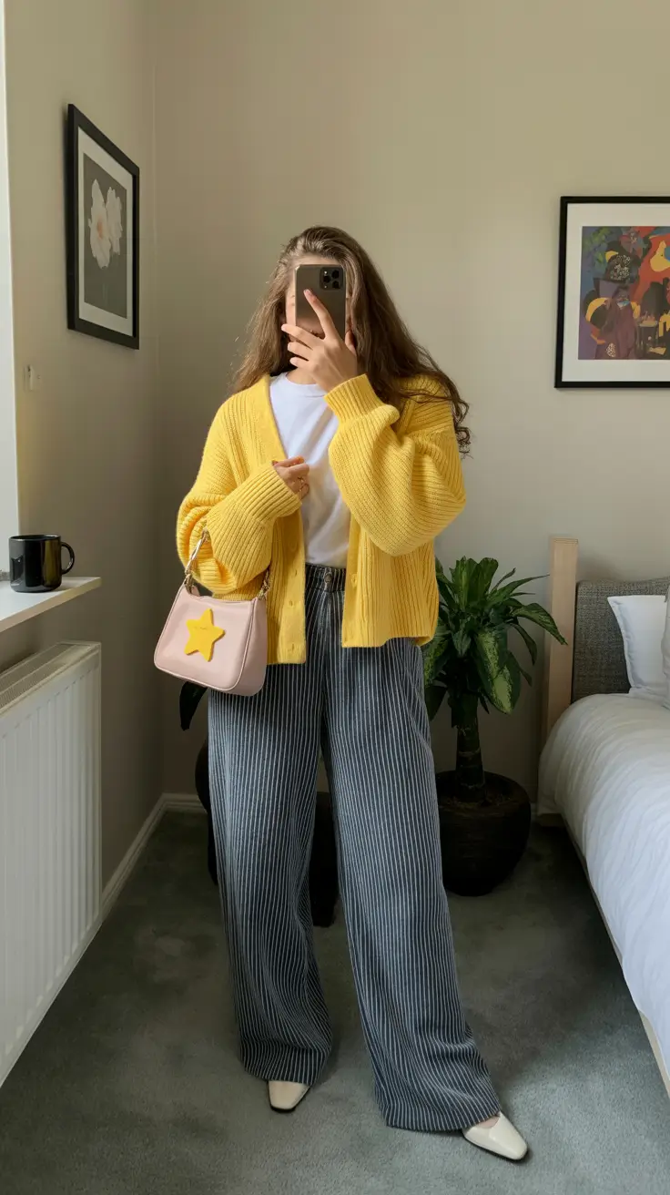 modern midsize spring outfits 2026 Yellow Cardigan Warmth With Soft Striped Trousers