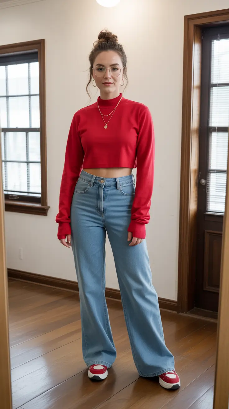 modern midsize spring outfits 2026 Sporty Red Energy With Classic Denim