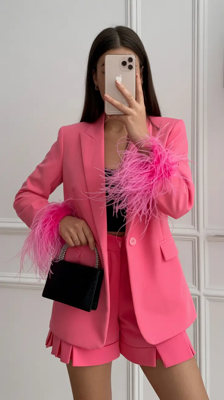 modern spring blazer outfits 2026 Pink Statement Blazer With Playful Feathers