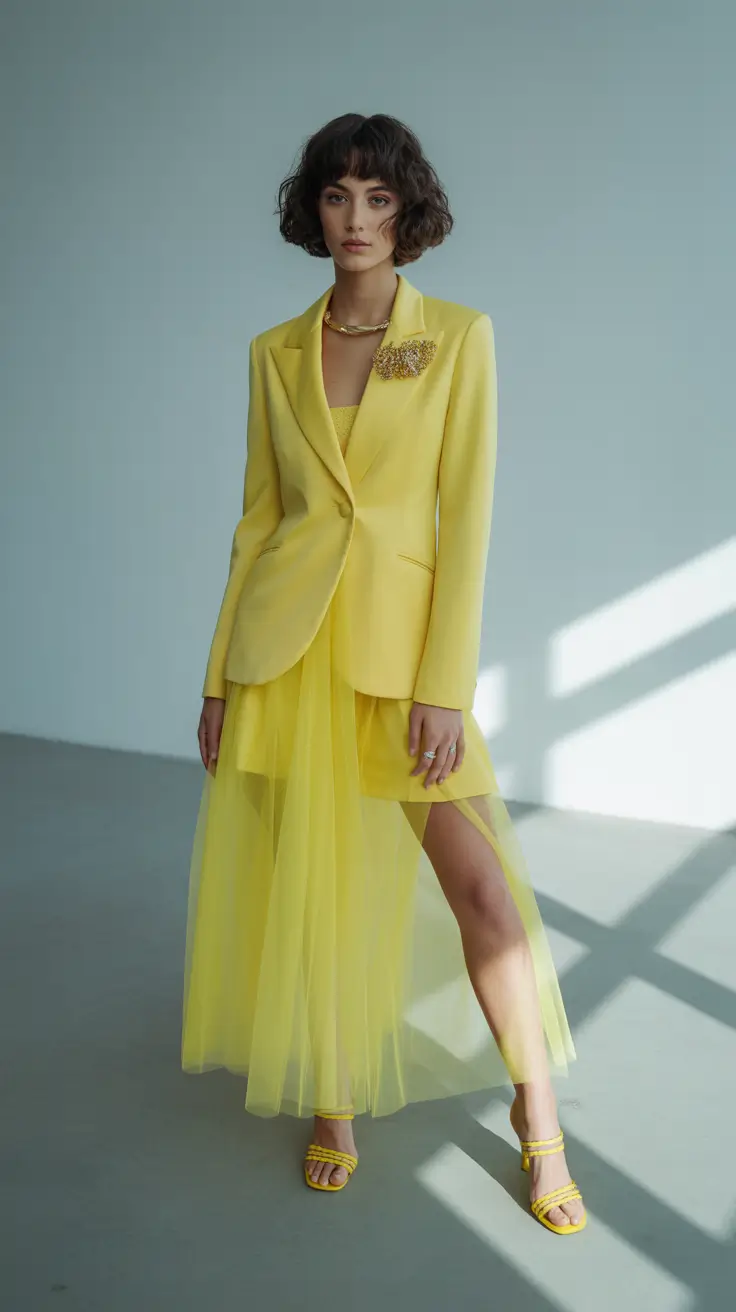 modern spring blazer outfits 2026 Sunny Yellow Blazer With Sheer Layers