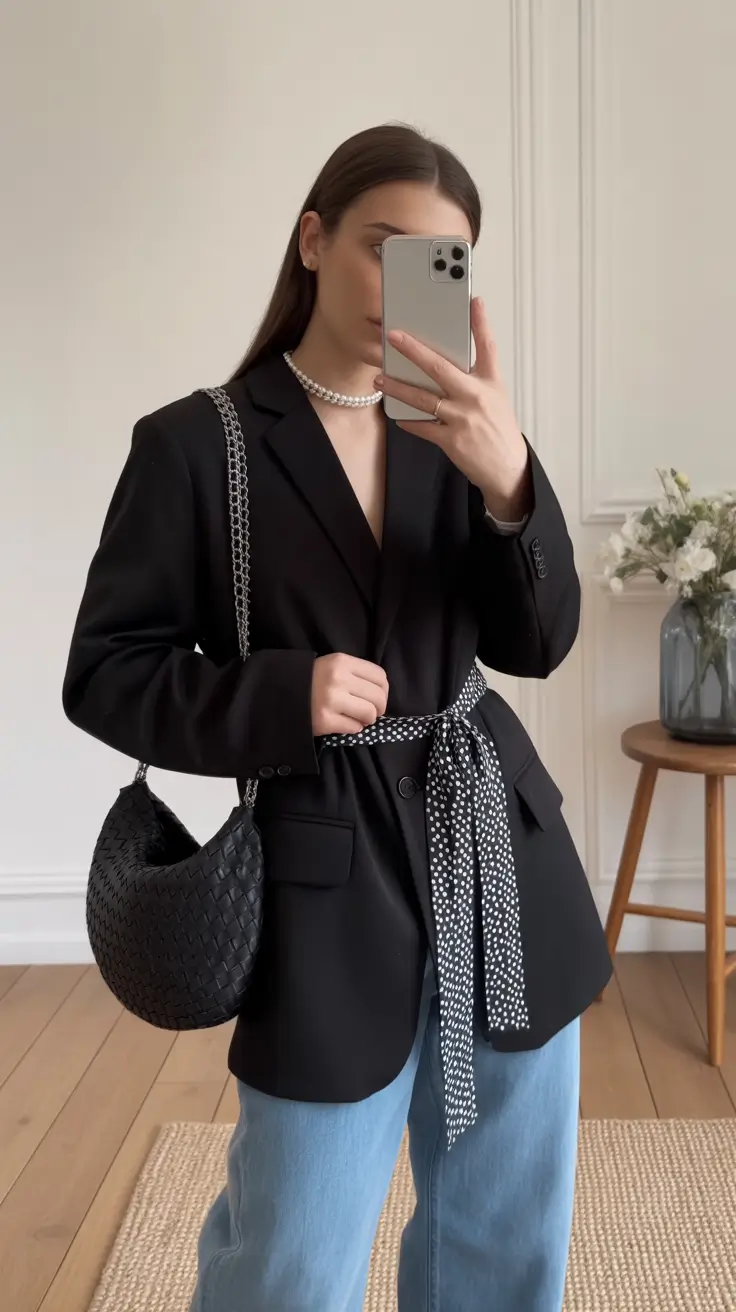 modern spring blazer outfits 2026 Black Belted Blazer With Casual Denim