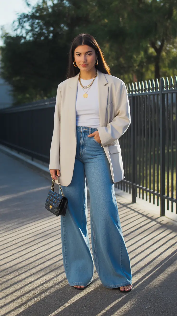 modern spring blazer outfits 2026 Beige Blazer With Wide-Leg Denim Ease