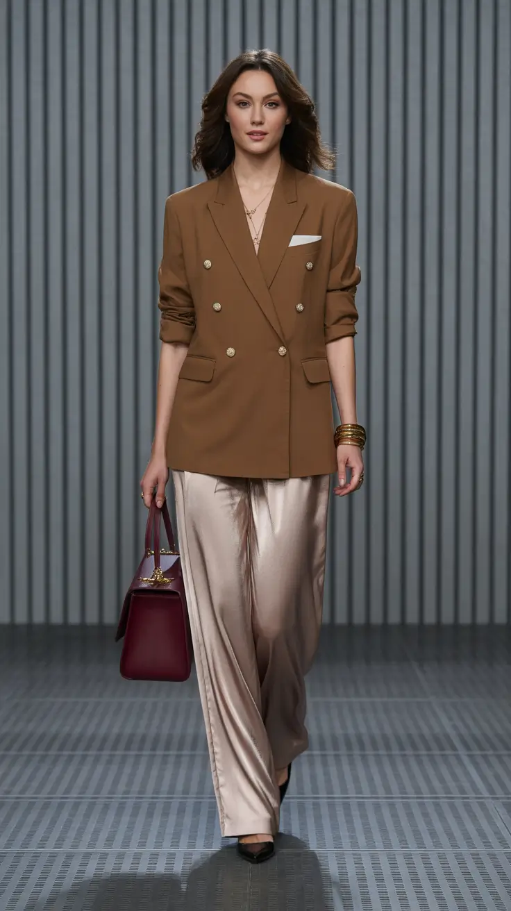 modern spring blazer outfits 2026 Caramel Blazer With Satin Trousers