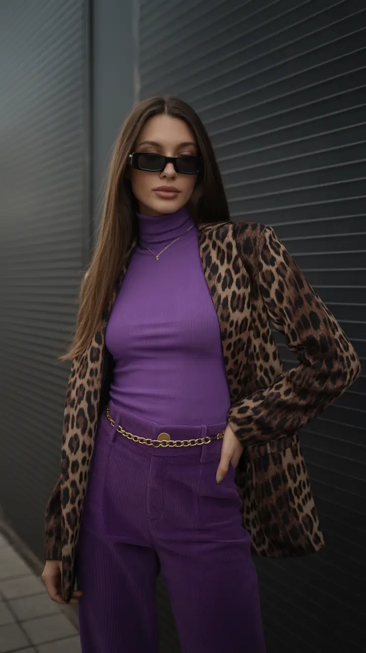 modern spring blazer outfits 2026 Leopard Print Blazer With Purple Monochrome