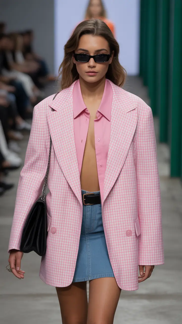 modern spring blazer outfits 2026 Pink Gingham Blazer With Denim Mini